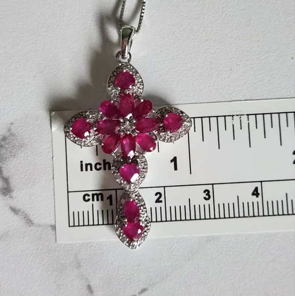 Deep Pink and Silver Cross Pendant With 18-inch S/S Chain (2 Inch Extendender) - Picture 3 of 7